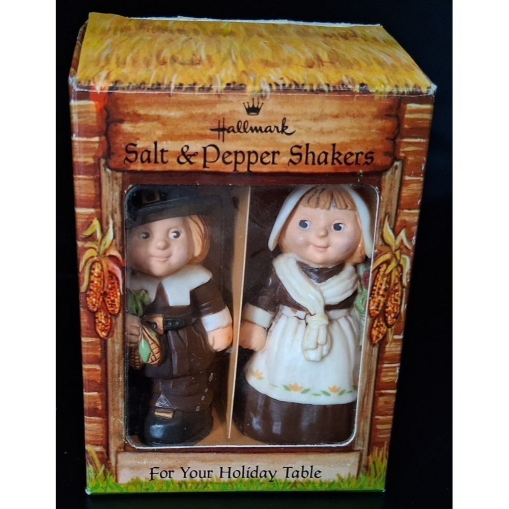Vintage Hallmark Thanksgiving Pilgrim Salt & Pepper Shakers in Original Box